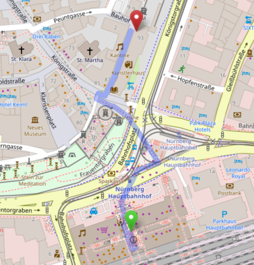 Screenshot der Webseite openstreetmap.org. Der Weg vom Hauptbahnhof Nürnberg zur K4CG ist farblich eingezeichnet.